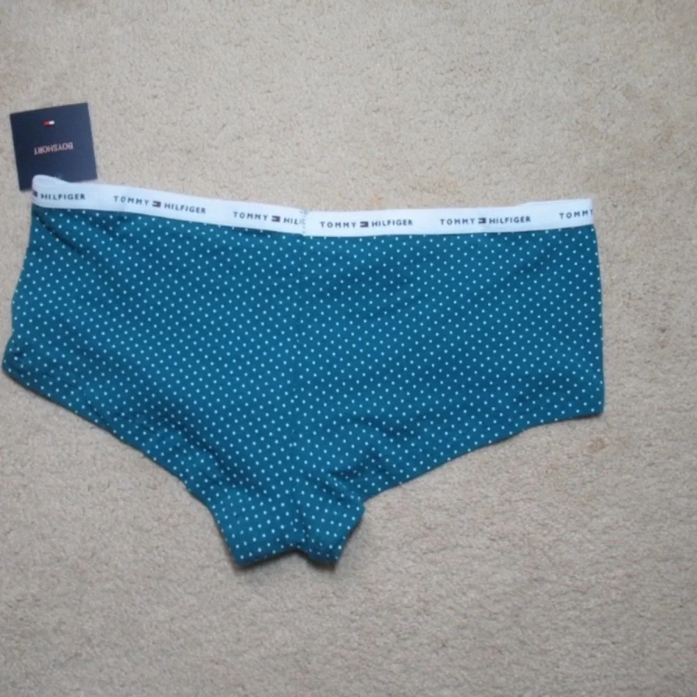 3/$18 Tommy Hilfiger teal polka dot boyshort panty with logo waistband size S - Picture 16 of 17